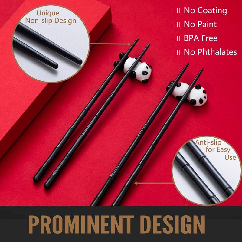 HauSun 2 Pairs Chopsticks and Chopstick Rest Gift Set- Dishwasher Safe Reusable Fiber Glass Chopsticks + Porcelain Cute Panda Chopstick Holder, Non-slip Chinese Japanese Style, Black - Image 2